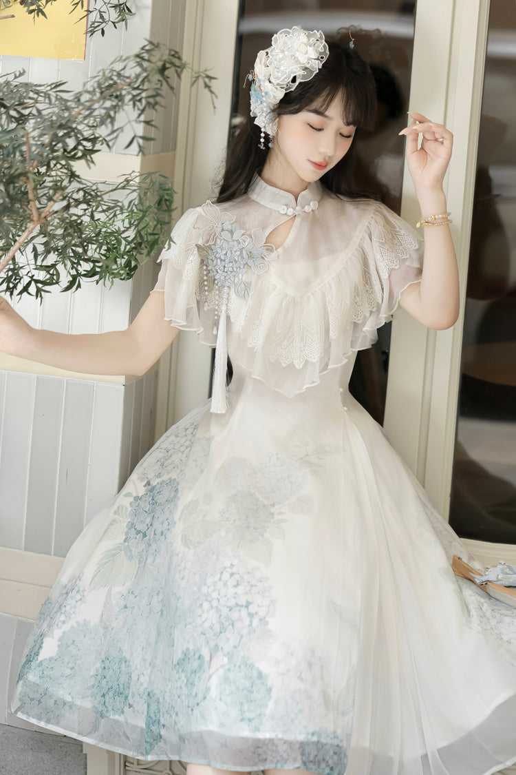 Blanc [Message Hydrangea] Manches courtes Imprimé Volant Dentelle Doux Style chinois Élégant Robe courte Lolita 