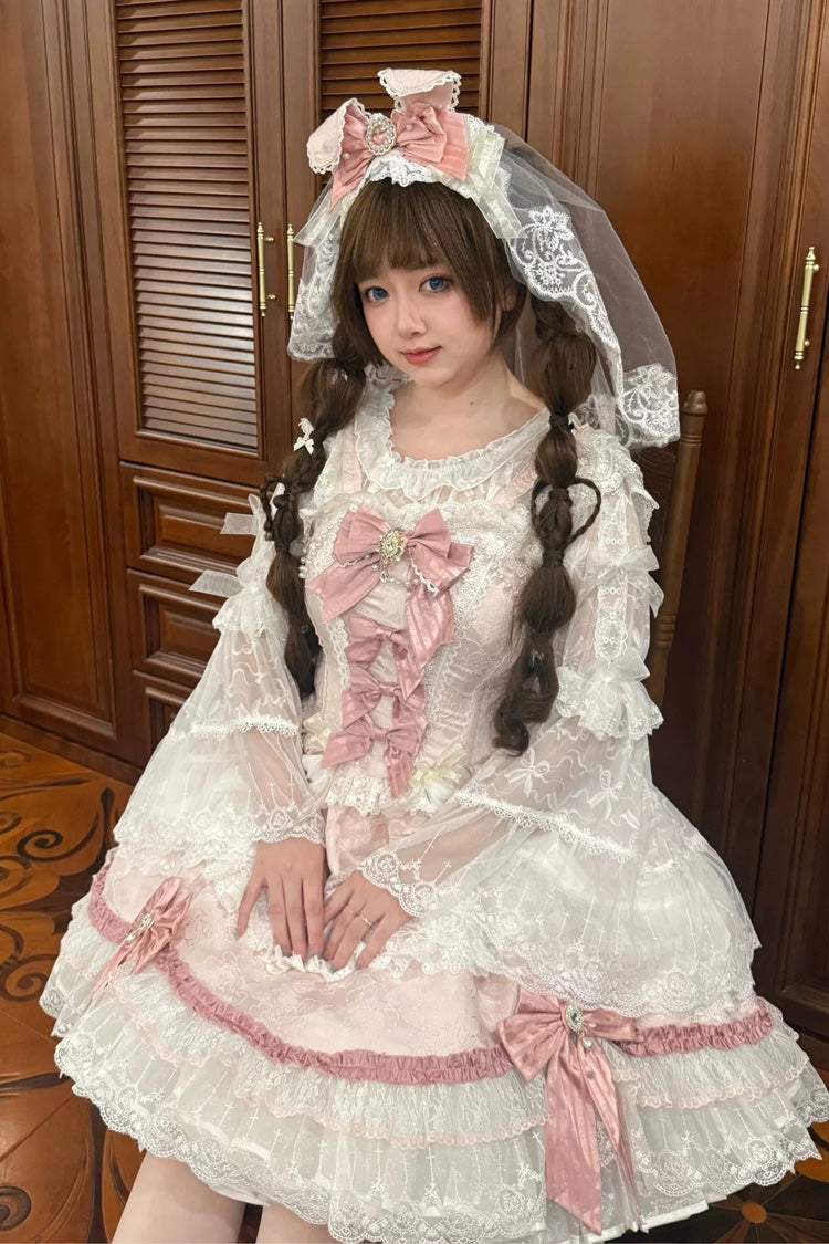 Rosa [Vorspiel der Bänder] Ärmelloses Jacquard-Kleid mit quadratischem Kragen, Rüschen, vorne offener Schleife, Spitze, Perlendetail, Blumenwand, süßes Lolita-JSK-Kleid in Übergröße