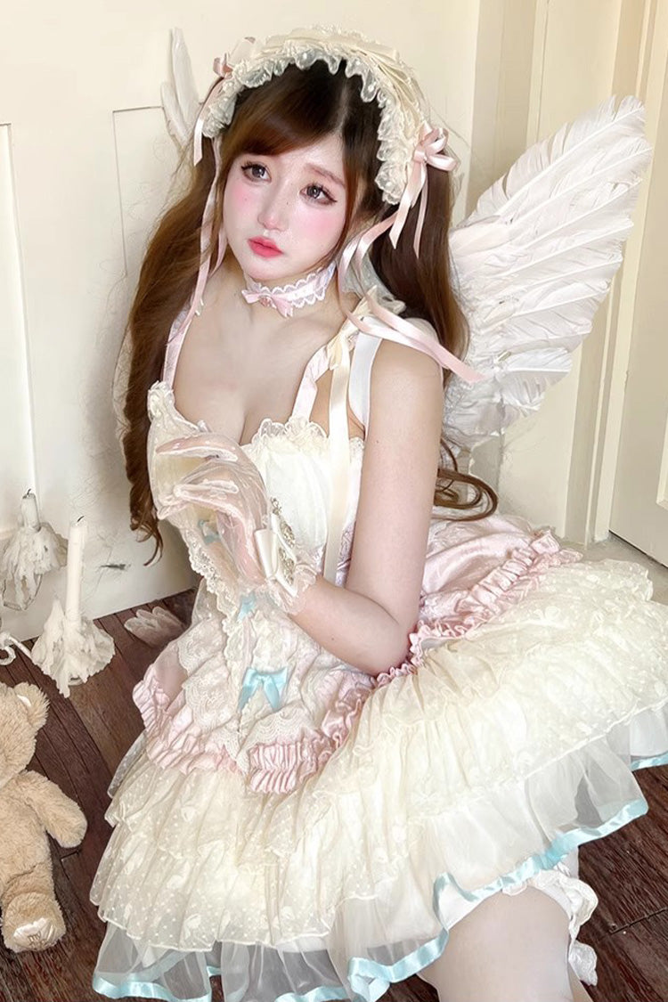 Pink/Beige [Sweet Dream Peach] Sleeveless Multi-Layered Ruffle Bowknot Lace Sweet Ballet Lolita Jsk Dress