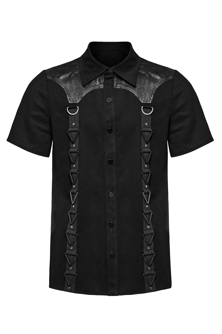 Black Lapel Collar Short Sleeves Stitching Men's Punk Blouse