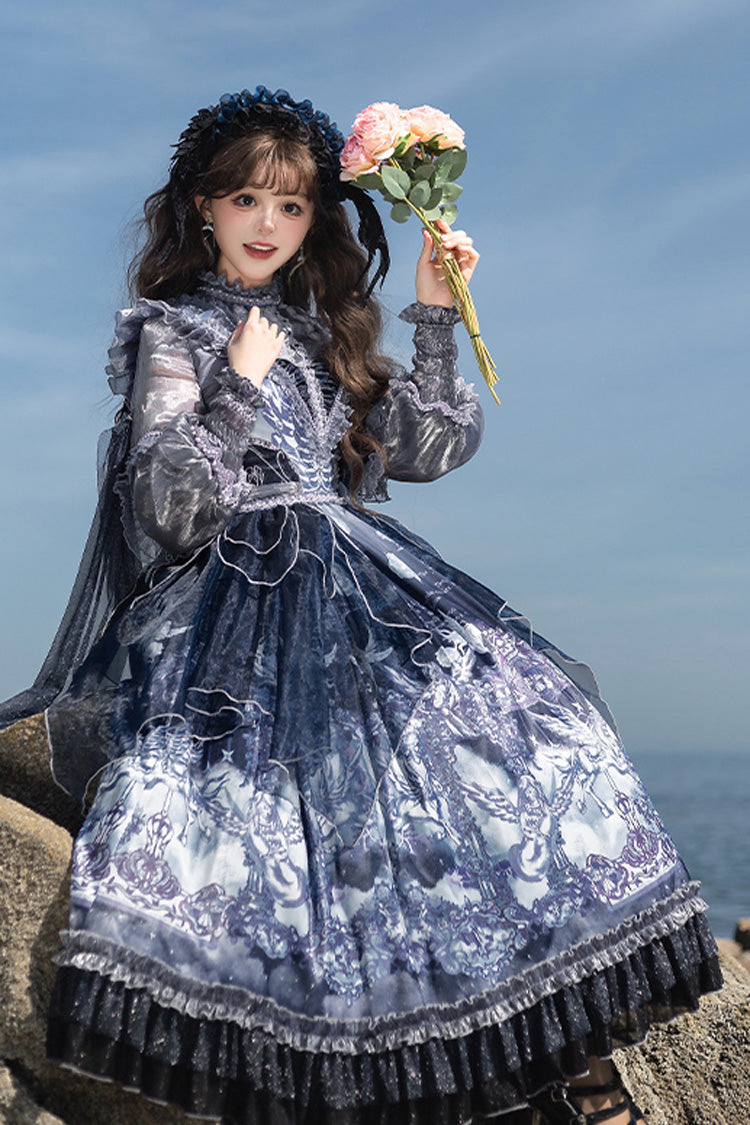 Blue [Angel Garden] Print Ruffle Bowknot Asymmetric Classic Elegant Lolita Jsk Dress