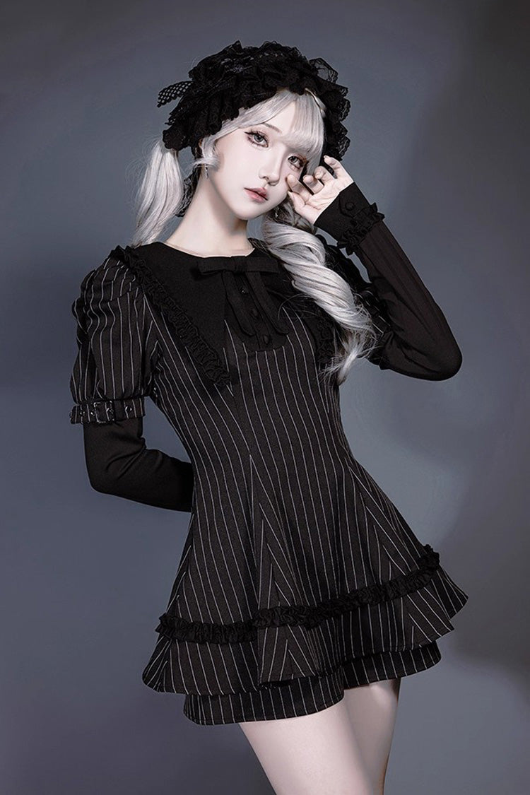 Black Long Sleeves Vertical Stripe Print Ruffle Bowknot Jirai Kei Japanese Witch Set