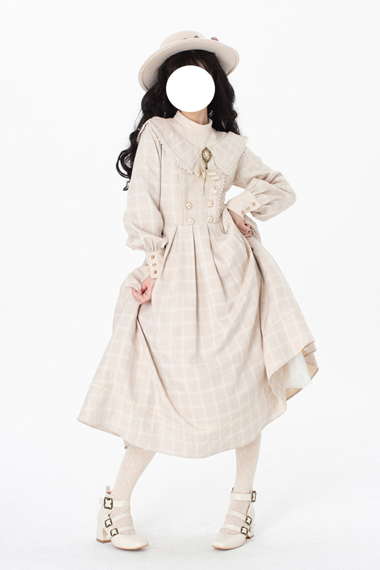 Aprikose [Fontainebleau] Langärmliges, kariertes Schleifenmuster, elegantes, süßes Lolita-Kleid
