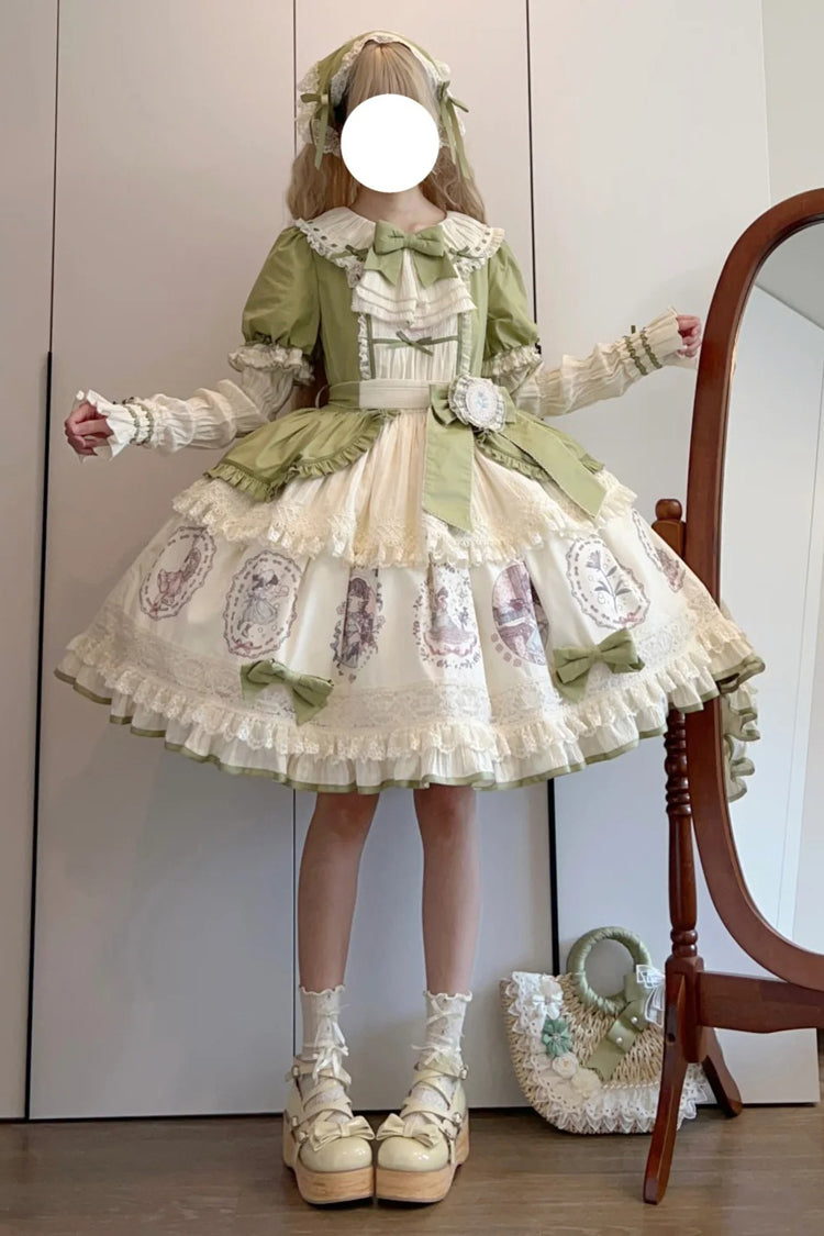 Green [Little Ida's Flowers] Short Sleeves Print Ruffle Bowknot Sweet Lolita Dress