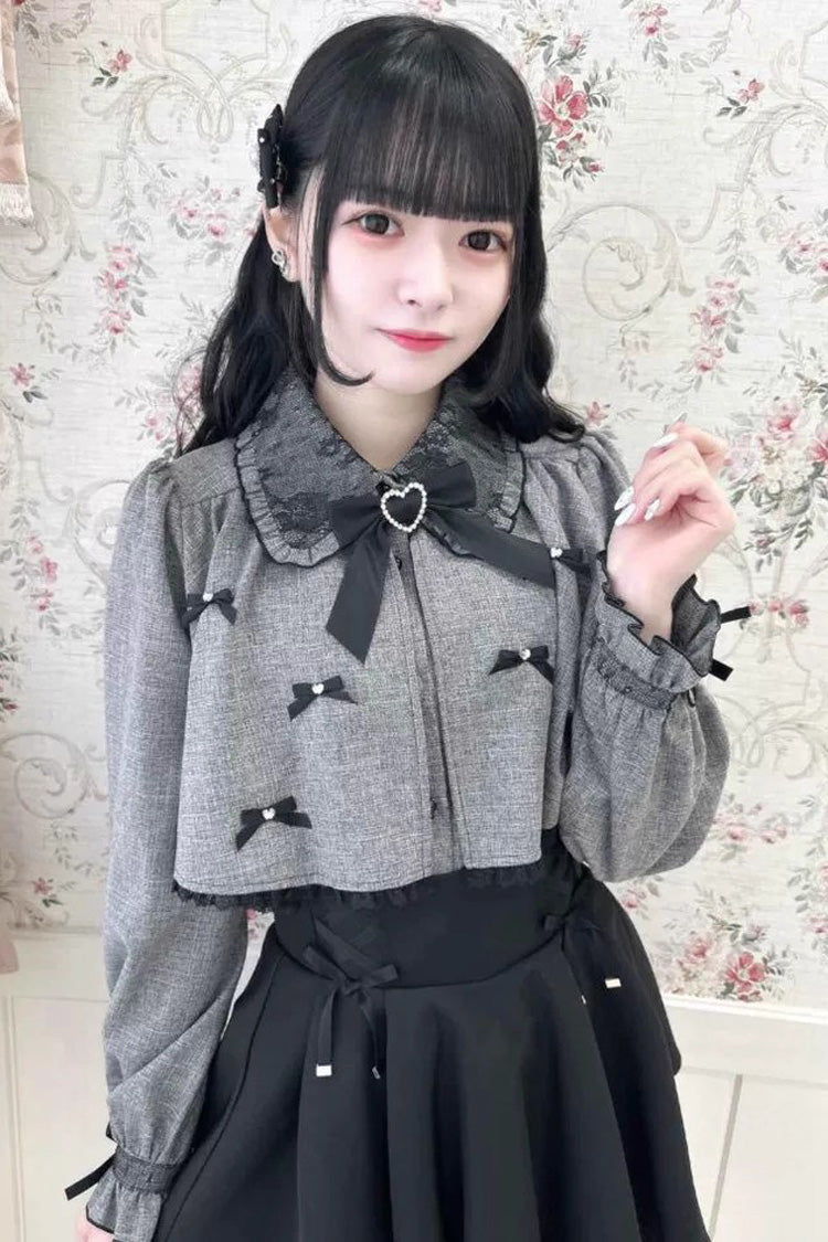 Grey Lapel Collar Long Sleeves Bowknot Sweet Japanese Jirai Kei Blouse Coat