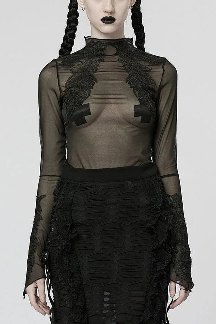Black Mid High Collar Long Sleeves Slim Mesh Womens Gothic Blouse