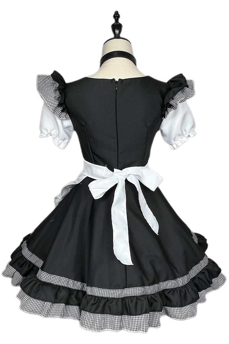 ブラック/ホワイト プラス サイズ 半袖 猫の足プリント 甘いロリータ メイド ドレス