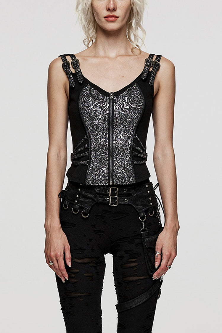 Steampunk Sleeveless Jacquard Print Metal Buckle Strap Metal Zipper Hollow Lace-Up Women's Vest 4 Colors