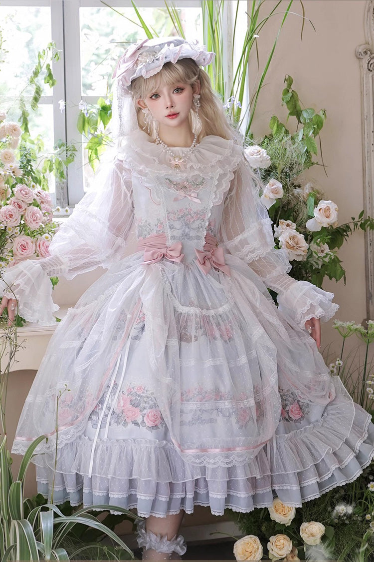 Multi-Color [Rose Flower Cage] Print Ruffle Bowknot Sweet Elegant Lolita Jsk Dress