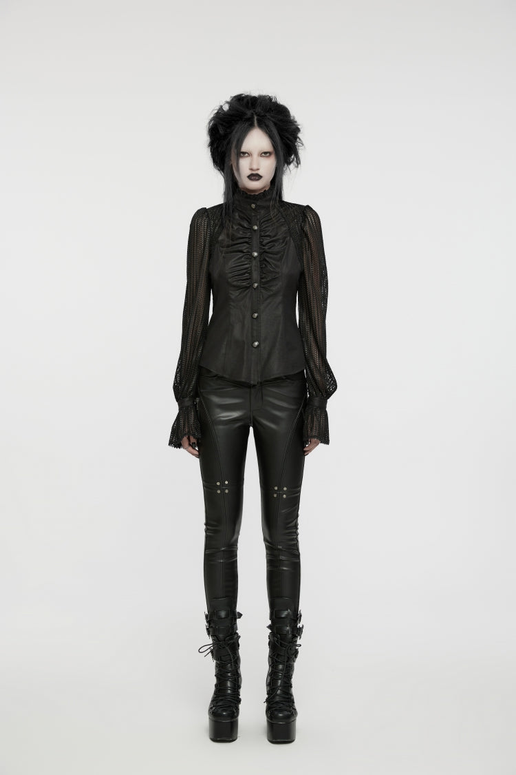 Black Stand Collar Stitching Mesh Women's Punk Blouse