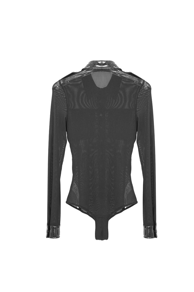 Black Patent Leather Mesh Spliced Long Sleeve Connecting Crotch Women's Punk T-Shirt