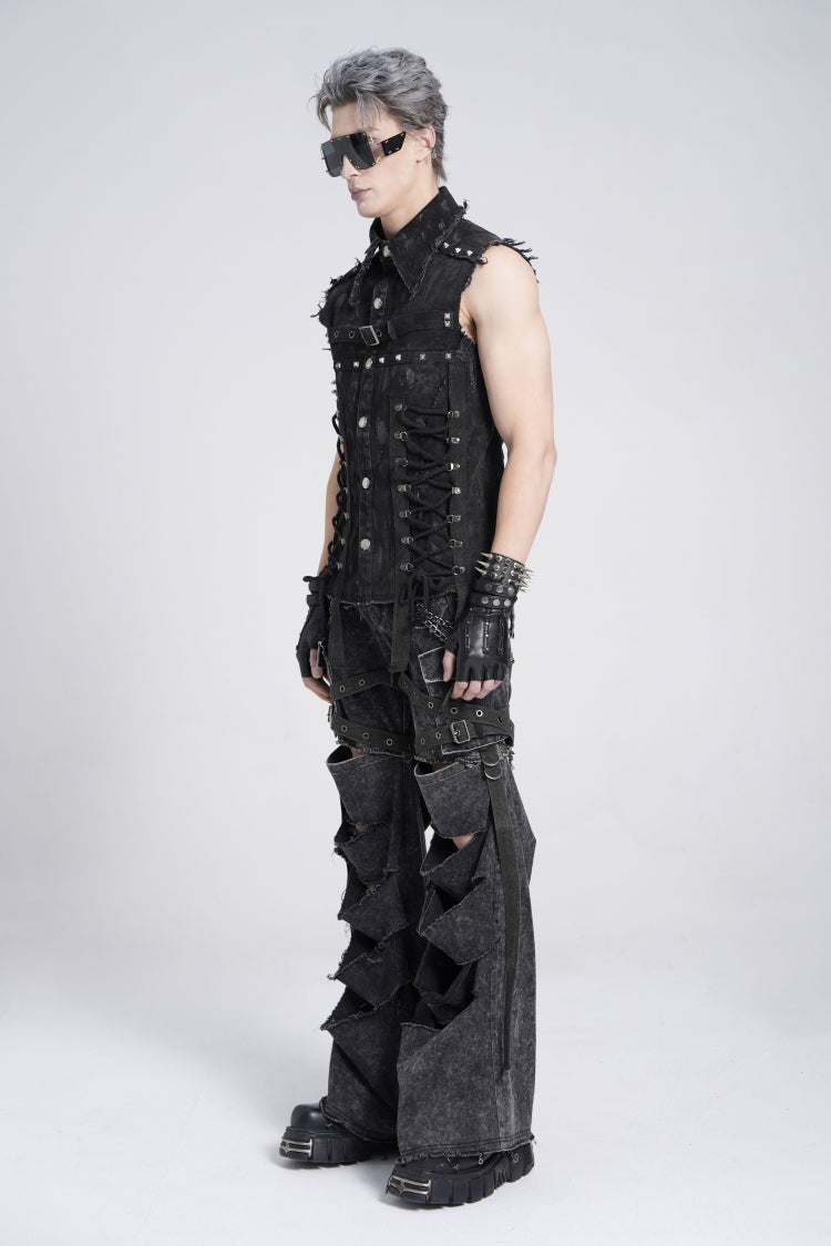 Black Sleeveless Studded Lace-Up Men's Gothic Distressed Vest