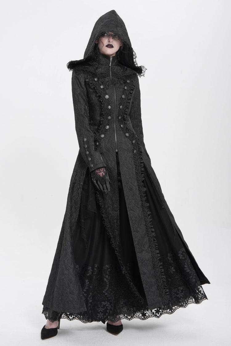 Black Stand Collar Long Sleeves Ruffle Hooded Women's Gothic Long Coat