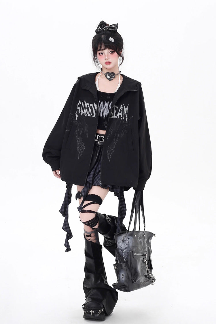 Black Long Sleeves Print Zipper Gothic Loose Jirai Kei Coat