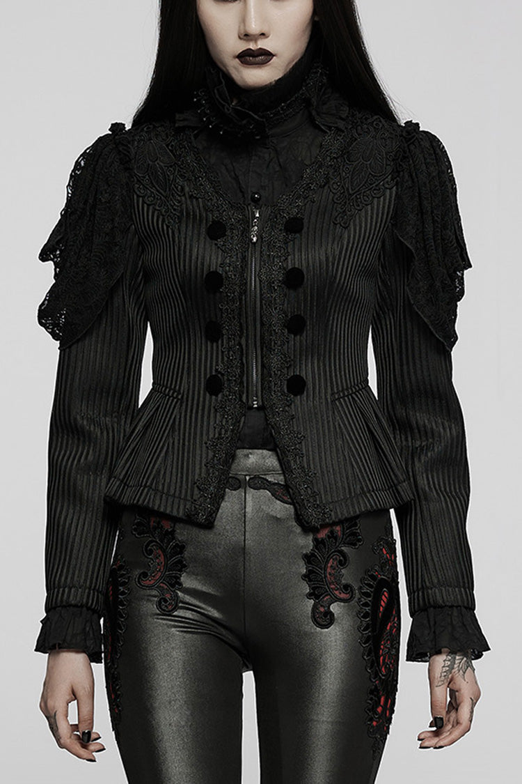 Schwarze Gothic-Spitzen-Jacquard-Zweireihige Samtknopf-Metallreißverschluss-Rückseite zum Schnüren Damenjacke