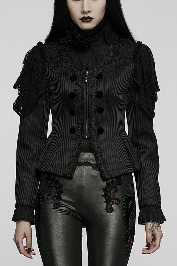 Black Gothic Lace Jacquard Double Row Velvet Button Metal Zip Back Lace Up Women's Jacket