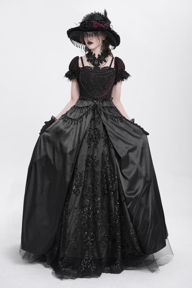 Robe gothique pour femme en dentelle avec cardigan jacquard à manches courtes et épaules dénudées noire 
