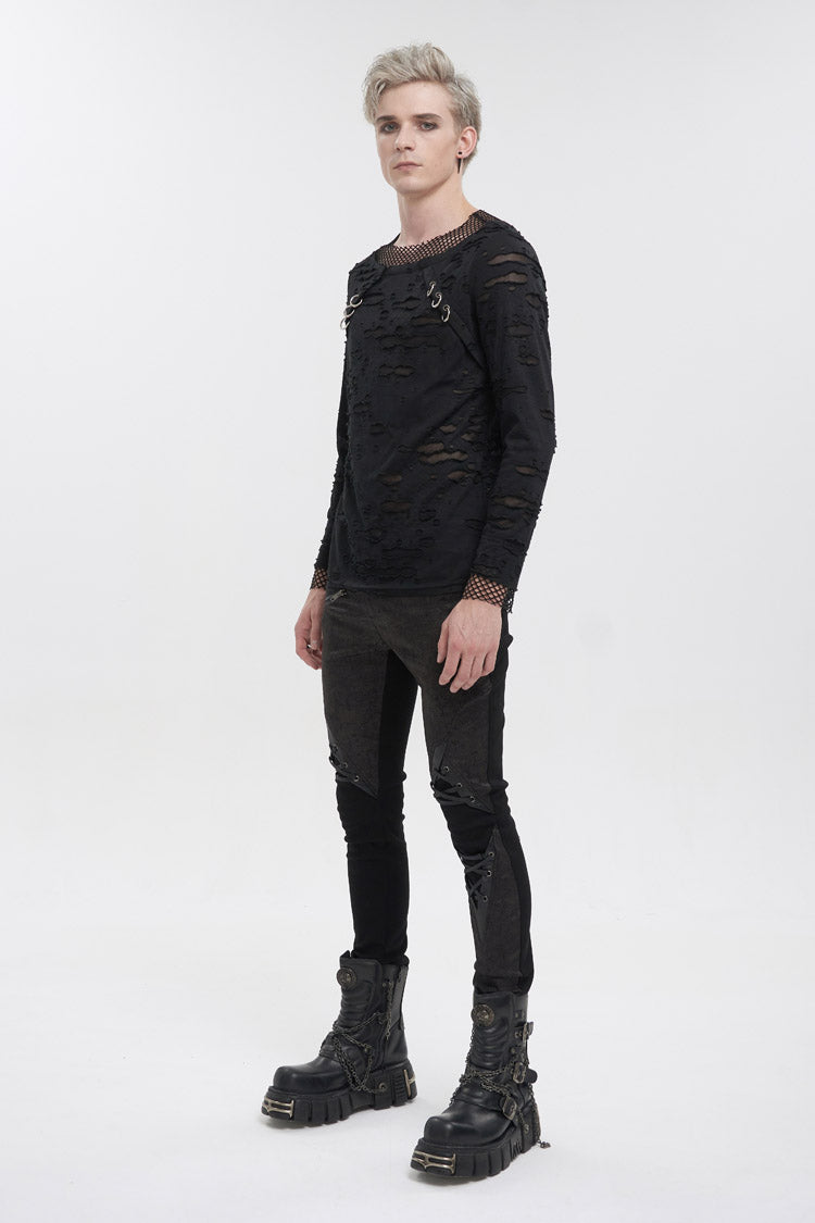 Black Diamond Mesh Irregular Hole Long-Sleeved Men's Punk T-Shirt