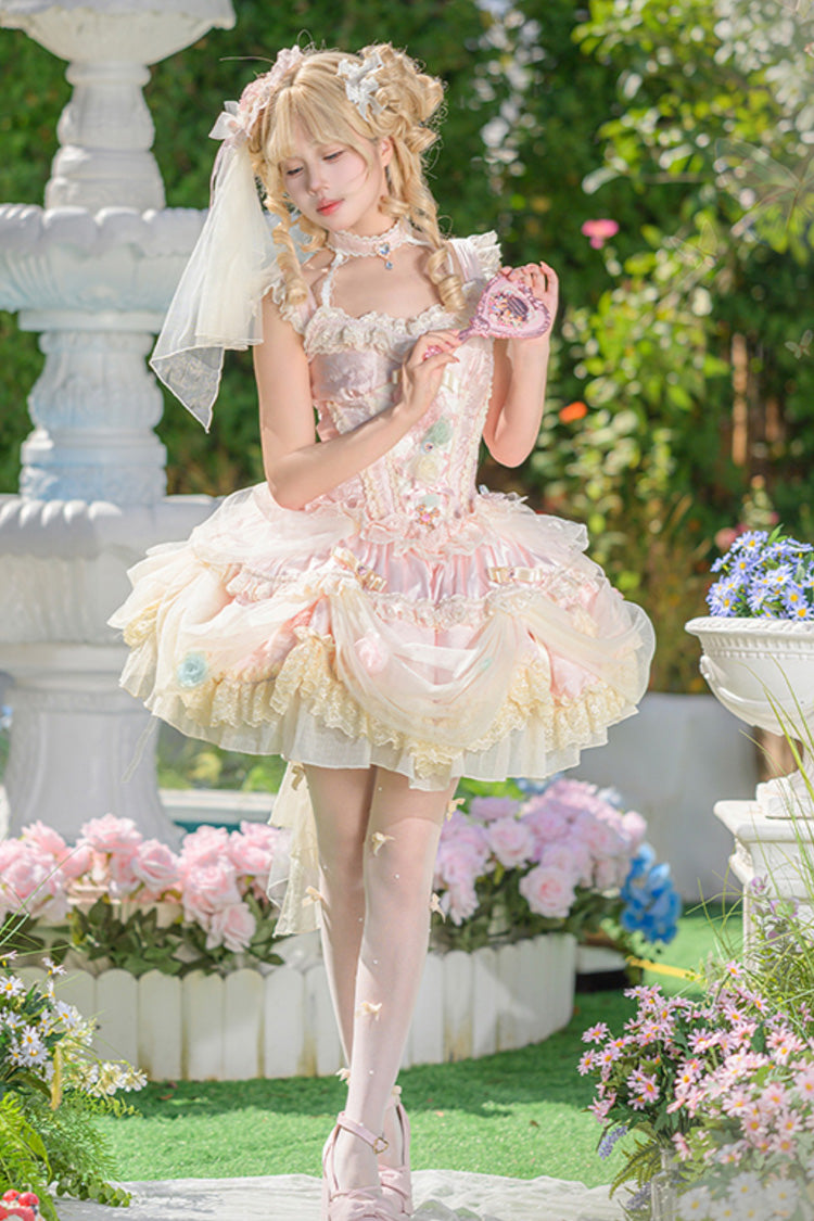Pink [Dream Garden] Ruffle Hanayome Embroidery Bowknot Lace Fishbone Sweet Princess Gorgeous Lolita Jsk Dress