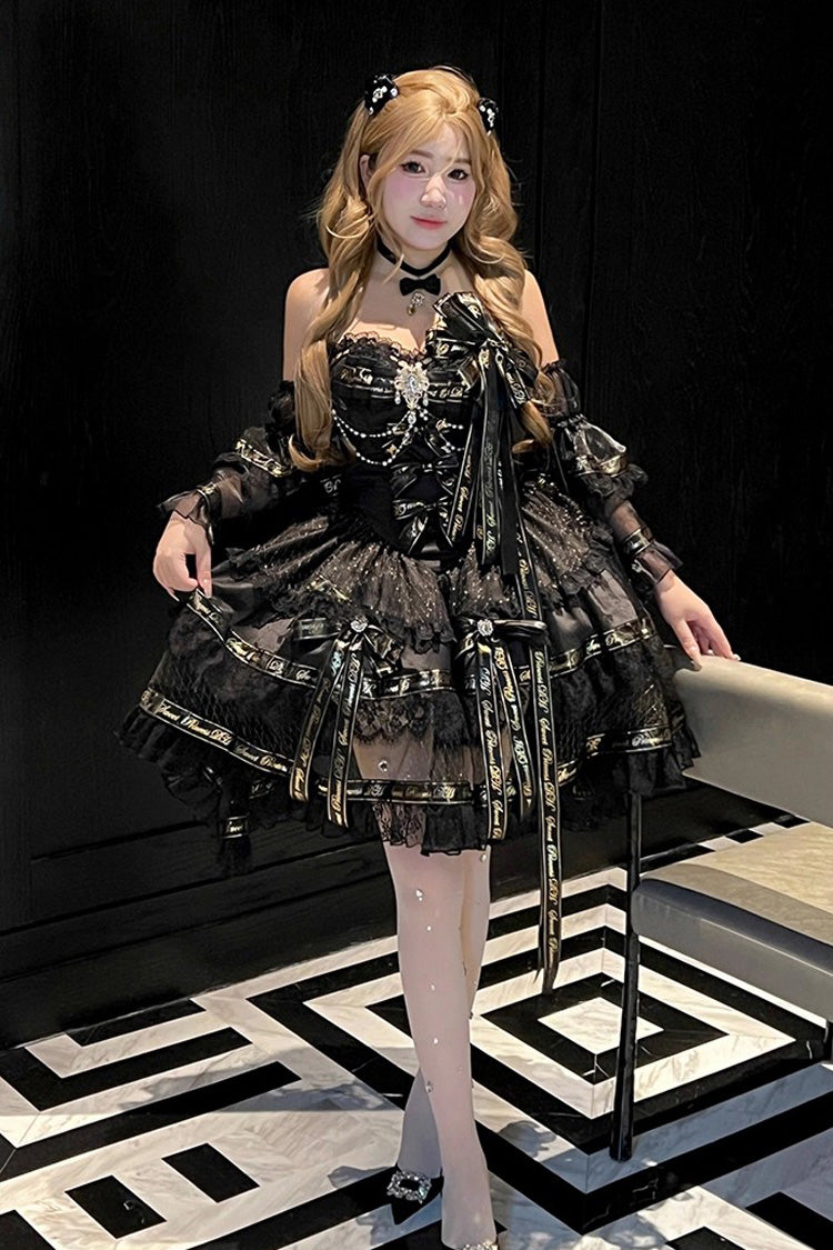 Black [Golden Obsidian Night] Sleeveless Double-Layered Ruffle Bowknot Pearl Gothic Princess Lolita Dress