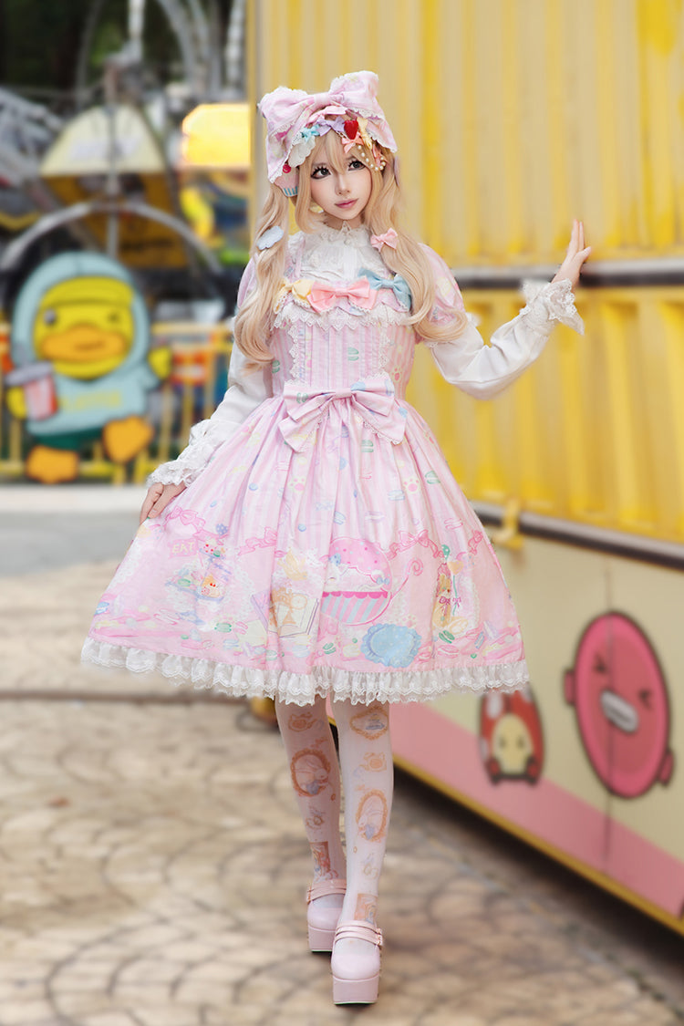 [Macaron Dolly House] Robe Lolita douce à col Claudine, manches courtes, imprimé nœud papillon, 3 couleurs 