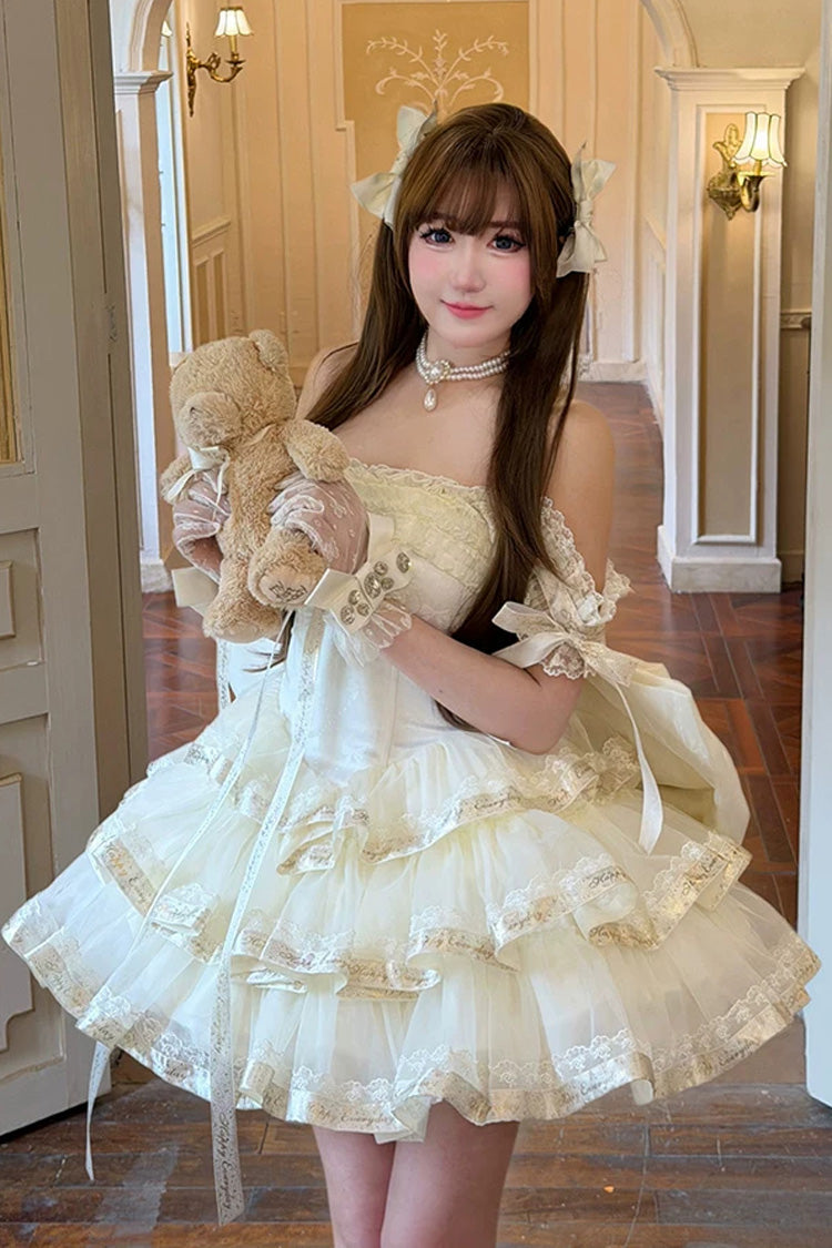 Aprikose [Prinzessin-Band] Schulterfreies, dreilagiges süßes Lolita-Kleid mit Rüschen und Schleife