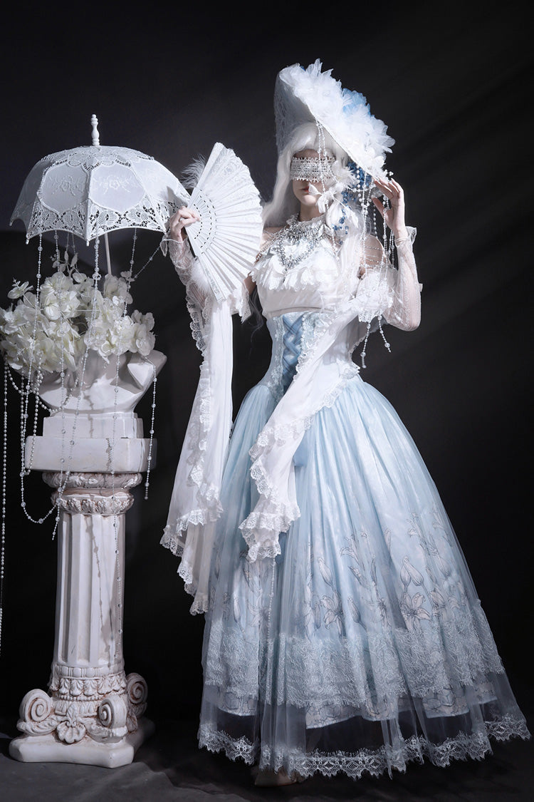Blue [Snow Lily] Print Ruffle Hanayome Embroidery Bowknot Lace-Up Sweet Elegant Princess Lolita Skirt Set