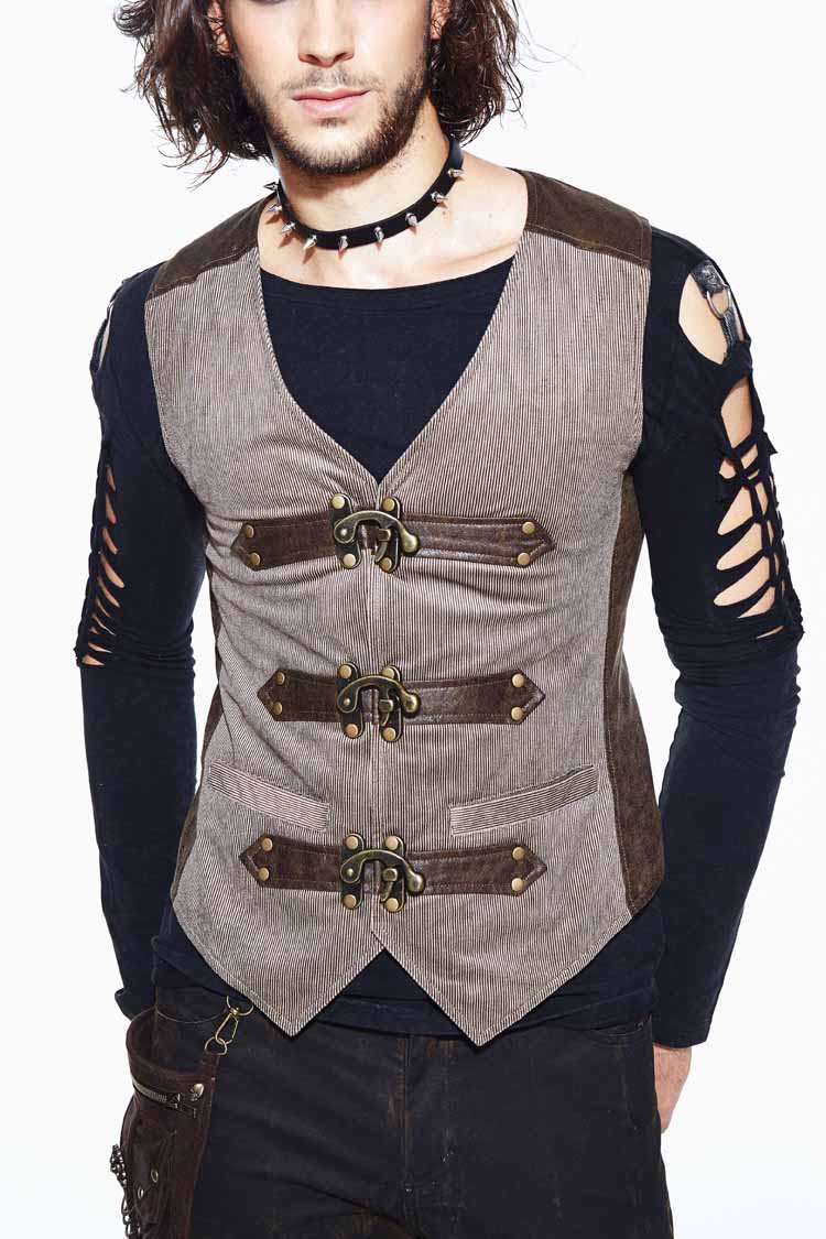Brown Striped Retro Bags Clasp Back Waist Loops Men's Punk Waistcoat
