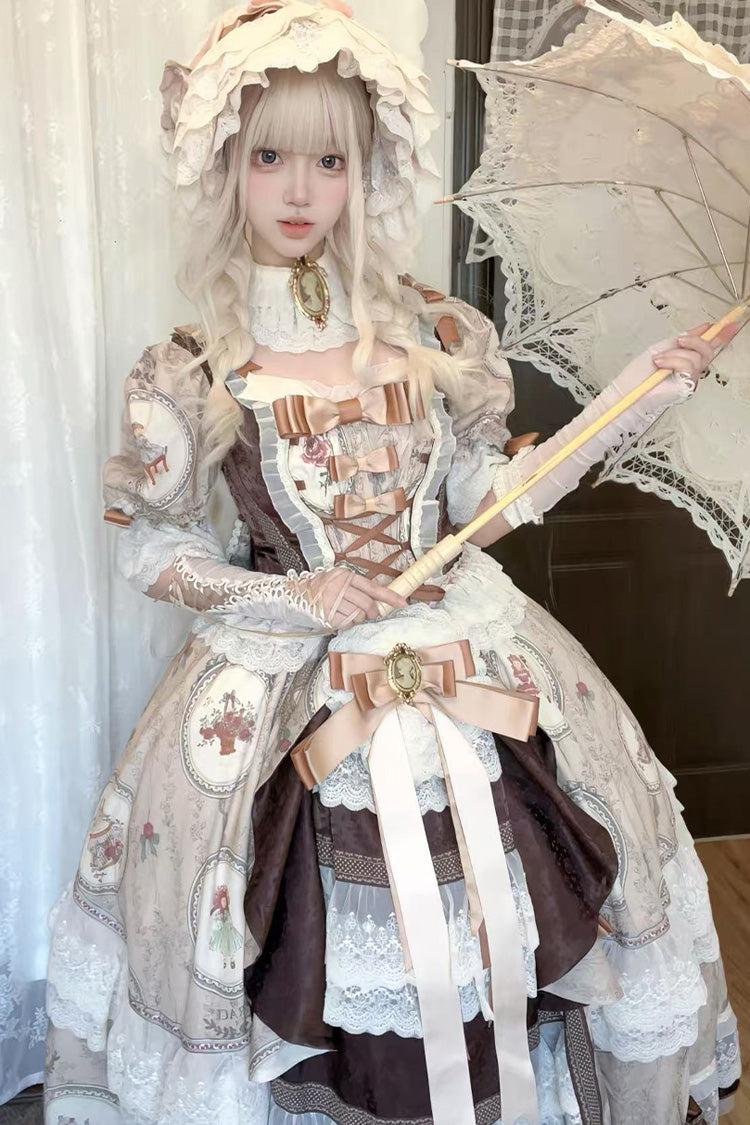 Brown [Baker Street Tea Party] Short Sleeves High Waisted Print Ruffle Embroidery Cardigan Bowknot Lace-Up Classic Vintage Princess Lolita Dress