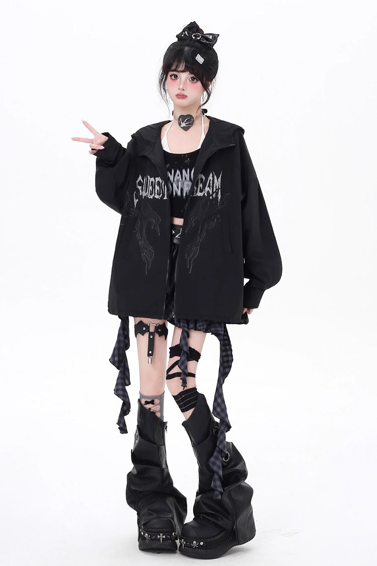 Black Long Sleeves Print Zipper Gothic Loose Jirai Kei Coat