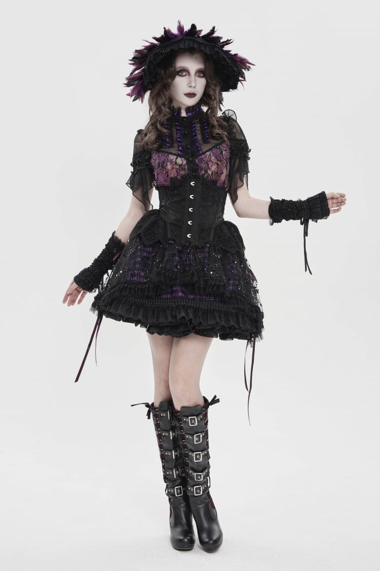 Jupe gothique à lacets en dentelle multicouche noir/violet pour femme
