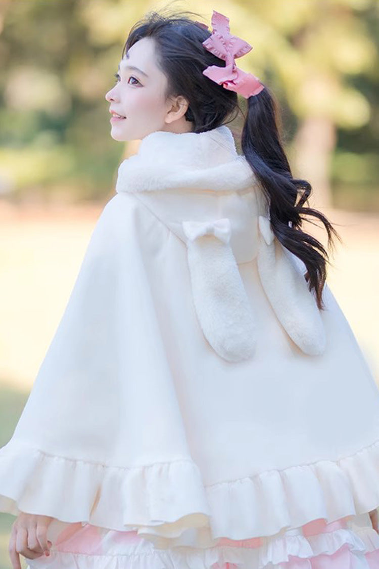 White Plush Bunny Ears Bowknot Buttons Princess Sweet Lolita Cloak Coat