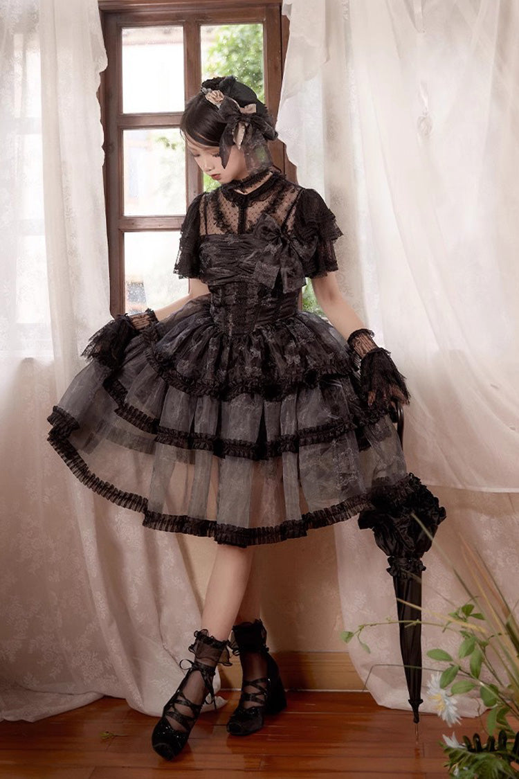 Black Multi-layer Butterfly Print Bowknot Lace Fish Bone Gothic Lolita Jsk Dress