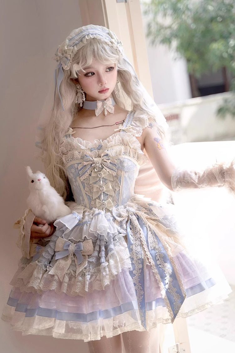 Blue [Moonstone] Sleeveless Ruffle Embroidery Bowknot Lace Fishbone Sweet Princess Lolita Dress