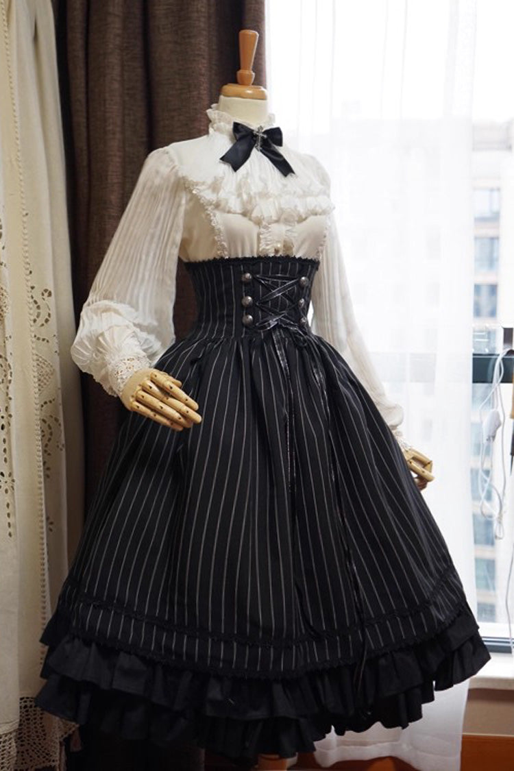 Black Multi-Layered Stripe Print Ruffle Lace-Up Classic College Style Elegant Lolita Skirt