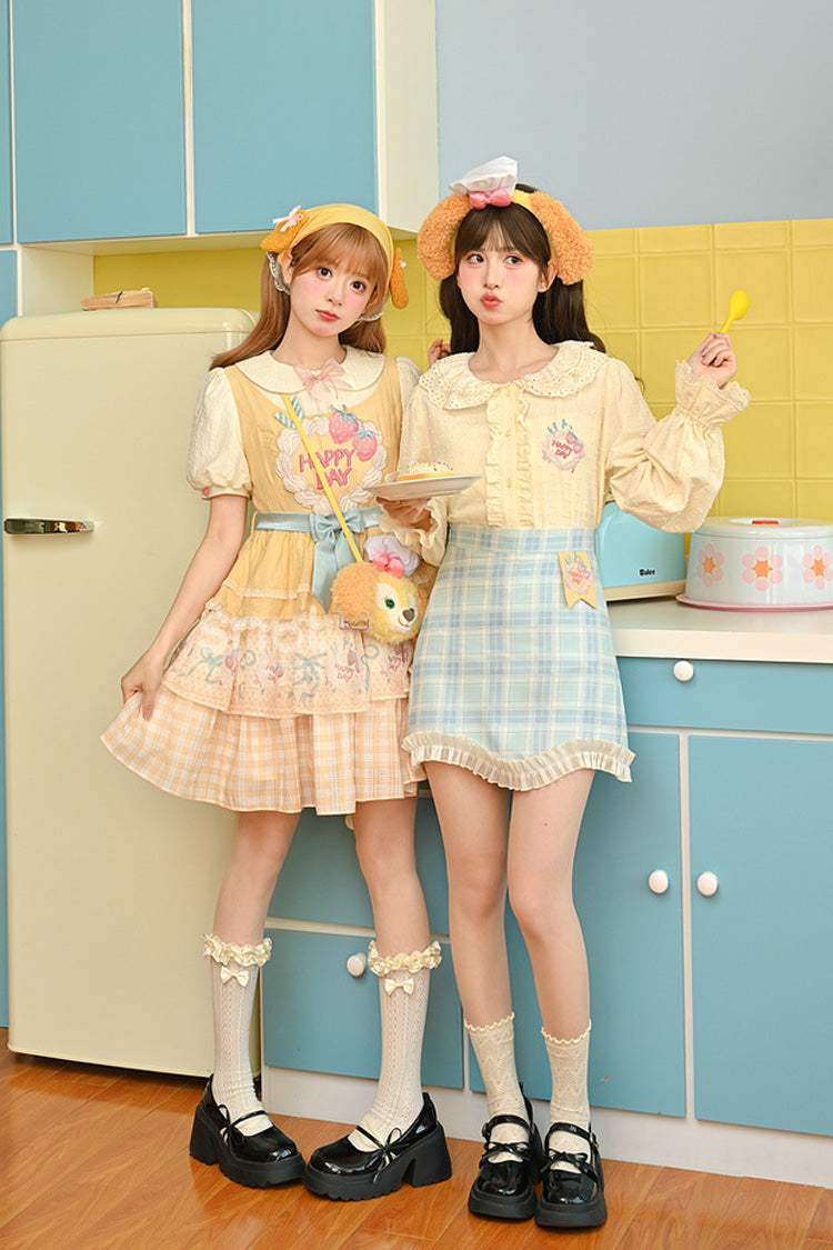 Yellow [Happy Day] Short Sleeves Triple-Layered Print Bowknot Lace Sweet Princess Lolita Dress