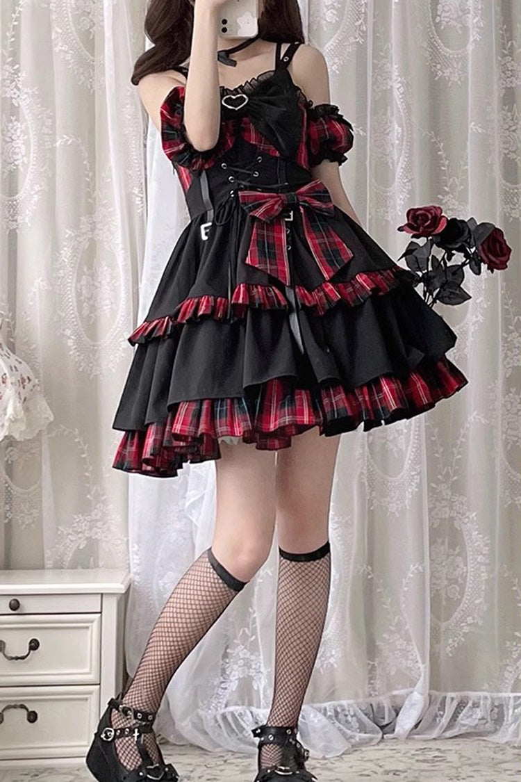 Black/Red Plaid Print Color Contrast Leather Buckle Bowknot Ruffle Gothic Lolita JSK Dress