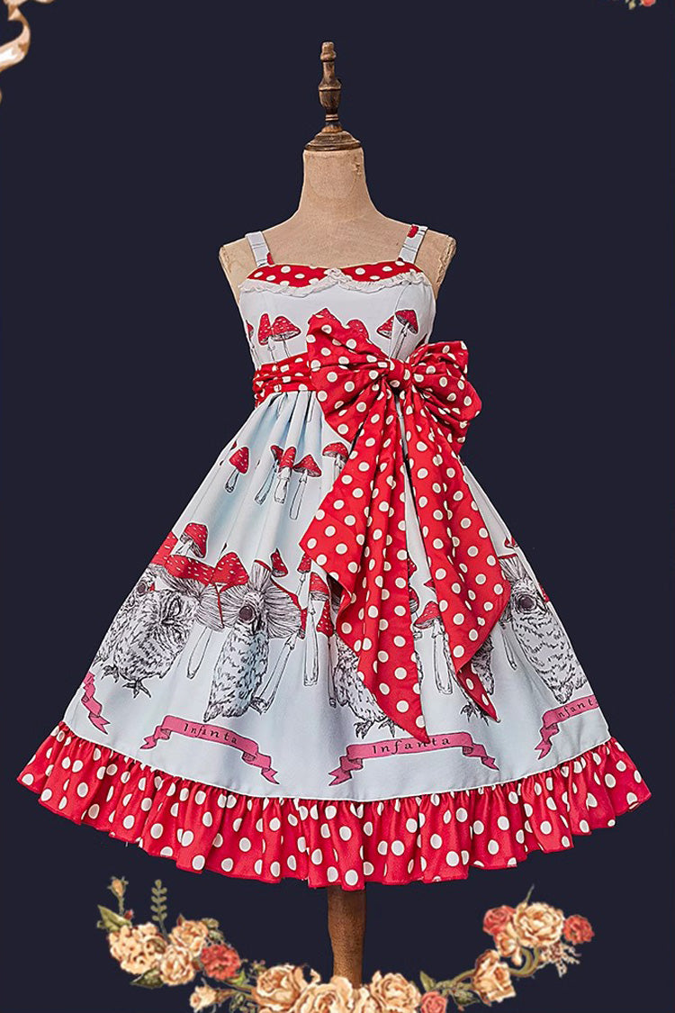Cat Head Mushroom Print Ruffle Bowknot Sweet Lolita Dress 2 Colors