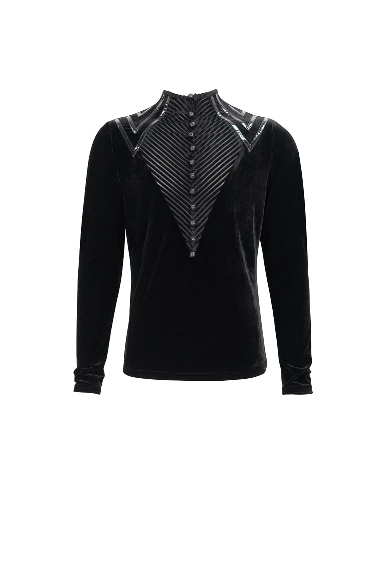 Black Round Collar Long Sleeves Stripes Splice Velvet Men's Gothic Shirt