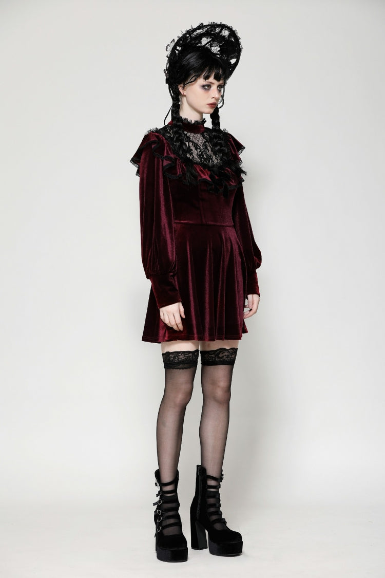 Red Long Sleeves Crochet Velvet Dress Women's Gothic Graduation Dress –  LolitaInside