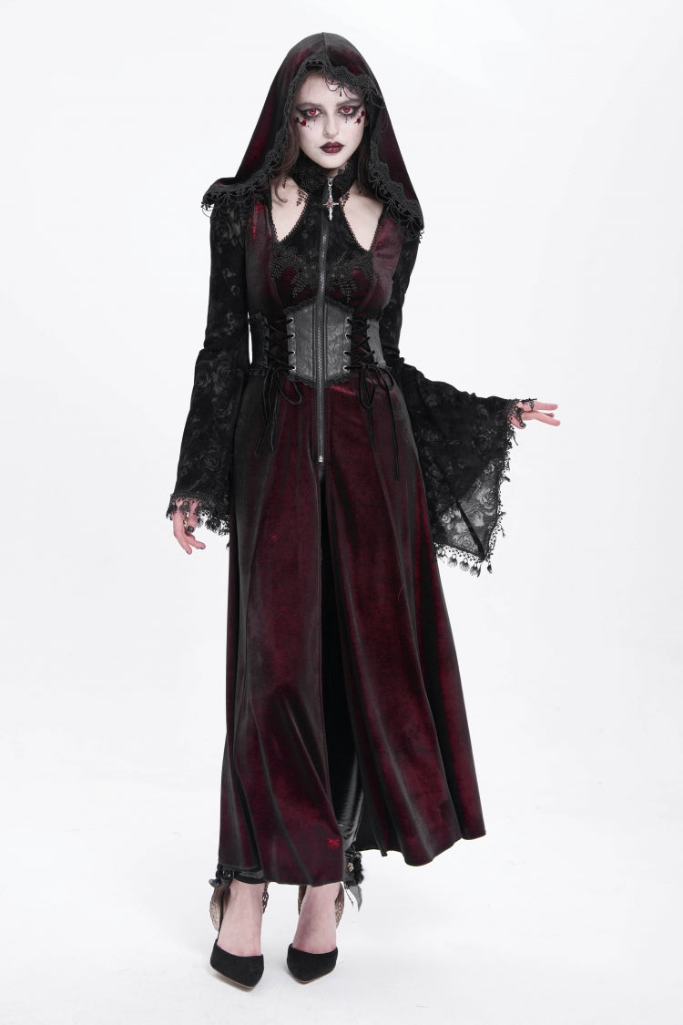 Red Long Sleeves Hollow Embroidery Hooded Ripped Women's Gothic Dress Coat