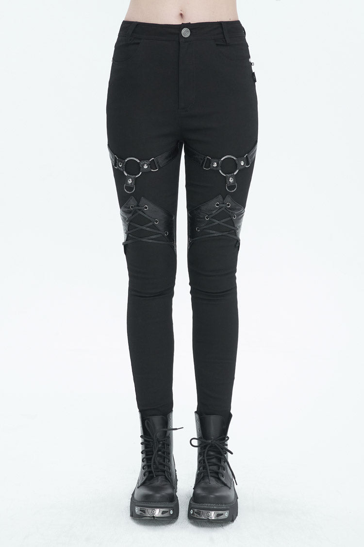 Black Slightly Elastic Twill Pu Tie Rope Decoration Women's Punk Trousers