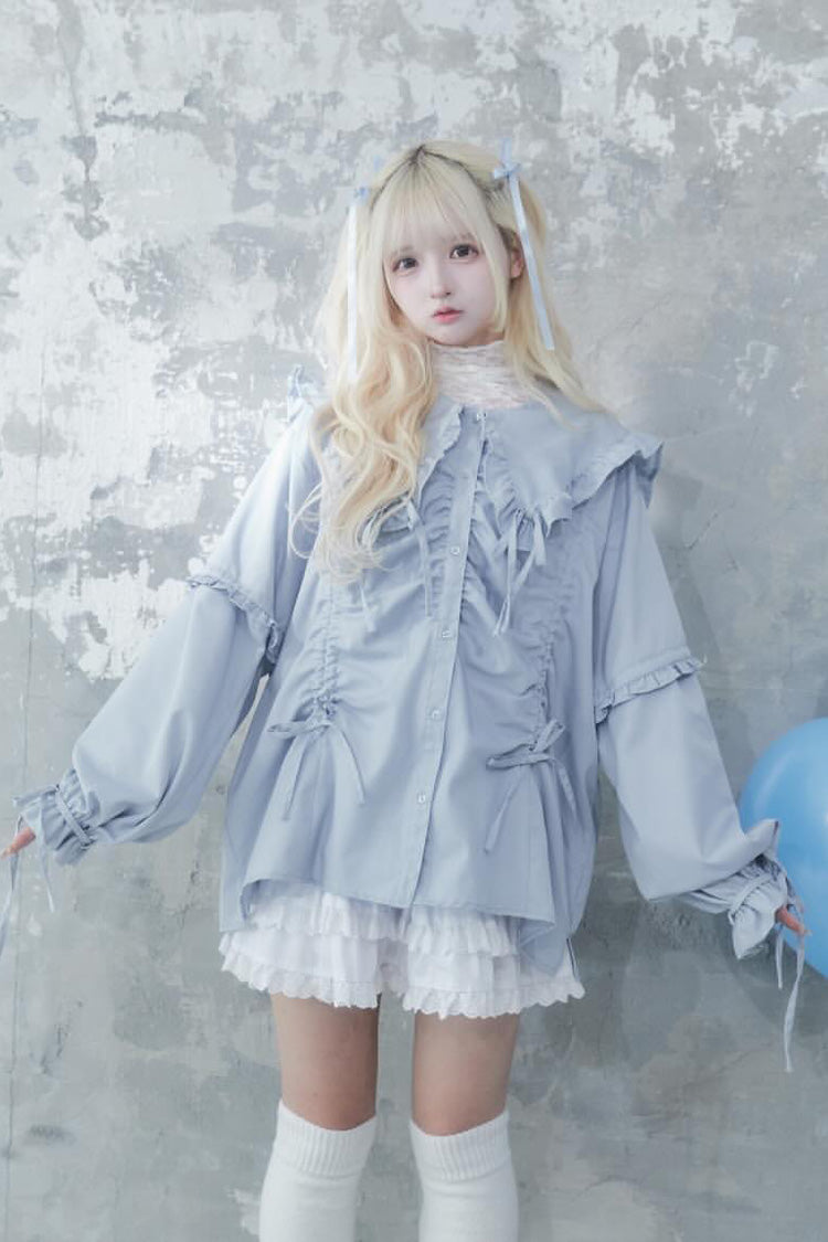 Doll Collar Long Sleeves Ruffle Bowknot Sweet Jirai Kei Japanese Blouse 3 Colors