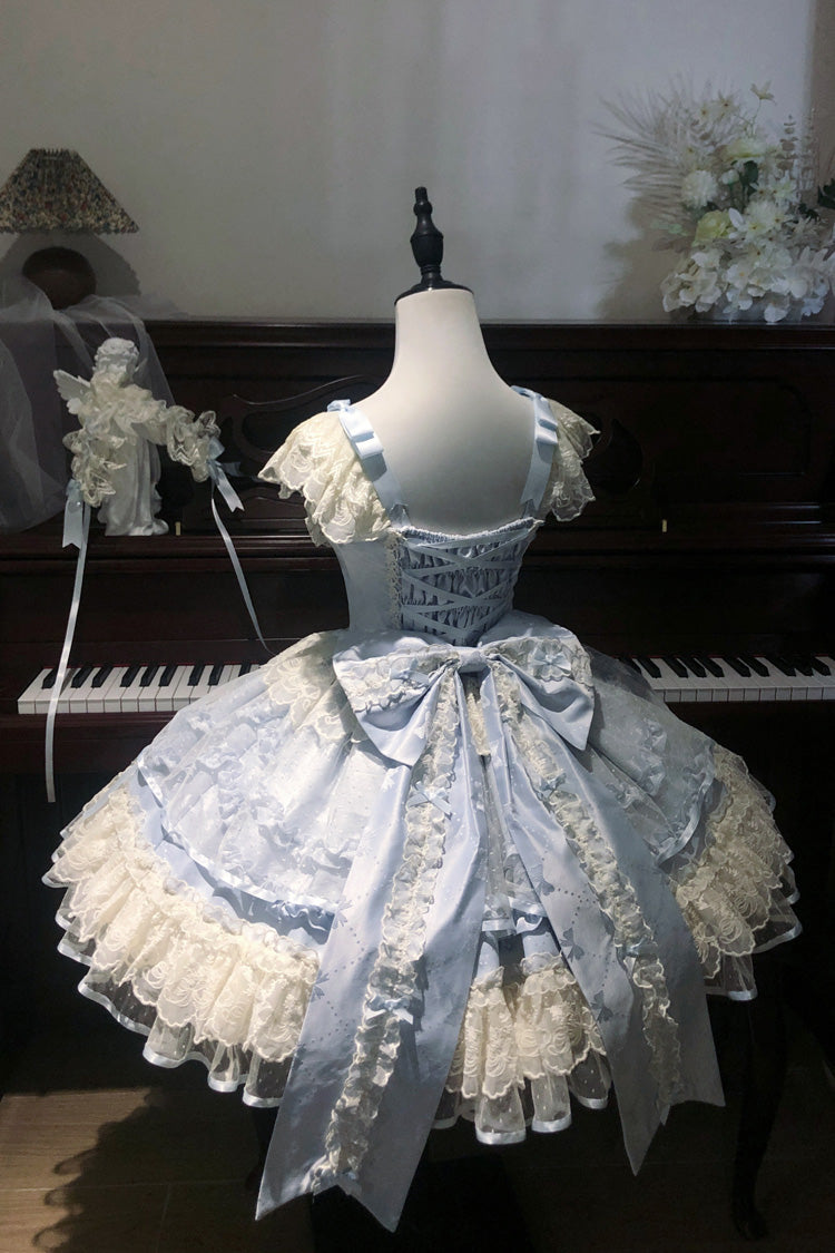 Blue [Dreaming Butterfly] Multi-Layered Jacquard Ruffle Bowknot Lace Sweet Princess Lolita Jsk Dress