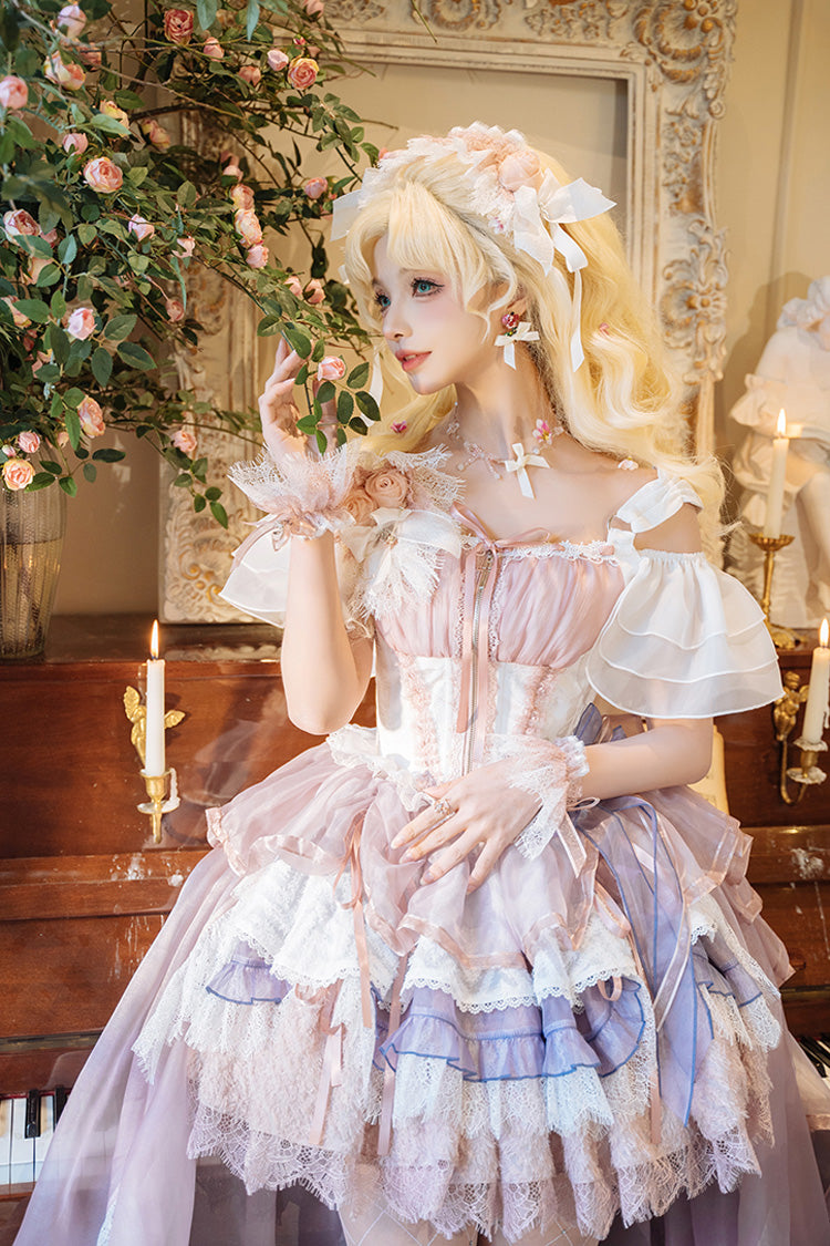 Pink/Purple [Rose Memoirs] Sleeveless Multi-Layered Bowknot Lace Sweet Lolita Skirt Set