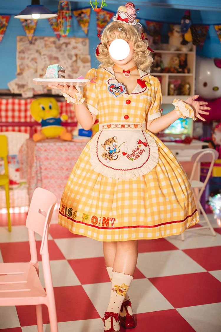 Sweetheart Cat Short Sleeves Print Embroidery Sweet Lolita Dress 3 Colors