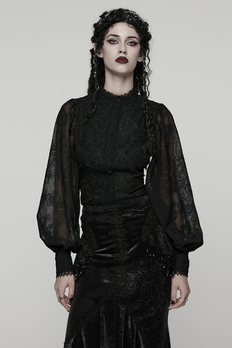 ブラックスタンドカラーロングパフスリーブフローラル刺繍レディースゴシックブラウス 