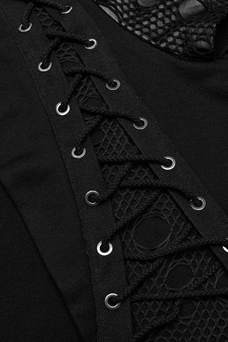Black Long Sleeves Print Metal Eyelet Lace-Up Hooded Womens Steampunk Jacket