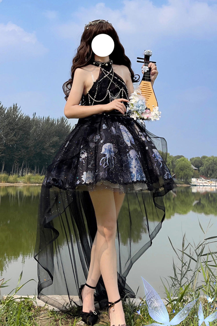 Blue [Deep Sea Jellyfish] Halterneck Sleeveless Print Embroidery Bowknot Lace Sweet Elegant Lolita Jsk Dress