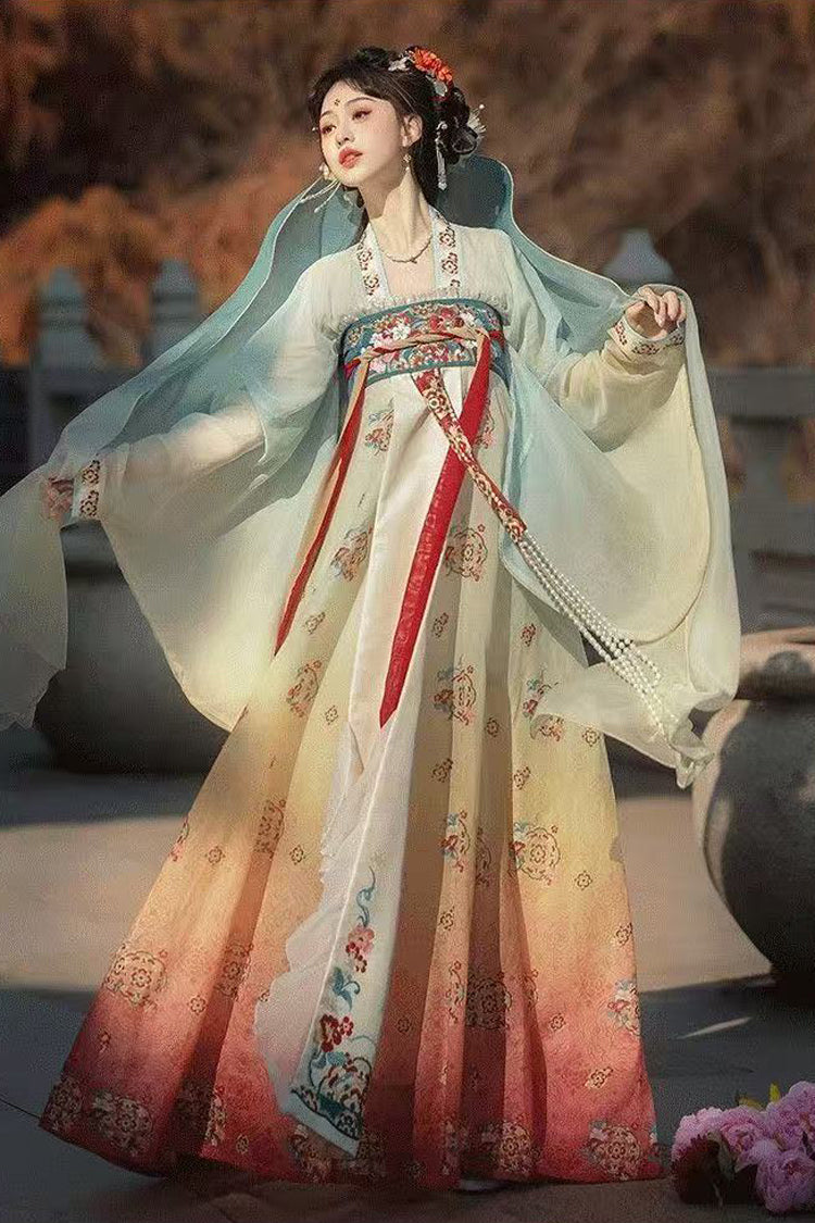 Blue/Pink High Waisted Print Embroidery Women's Classic Hanfu Dress Full Set